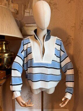 Striped Half-Zip Pullover Sweater in Light Blue and White